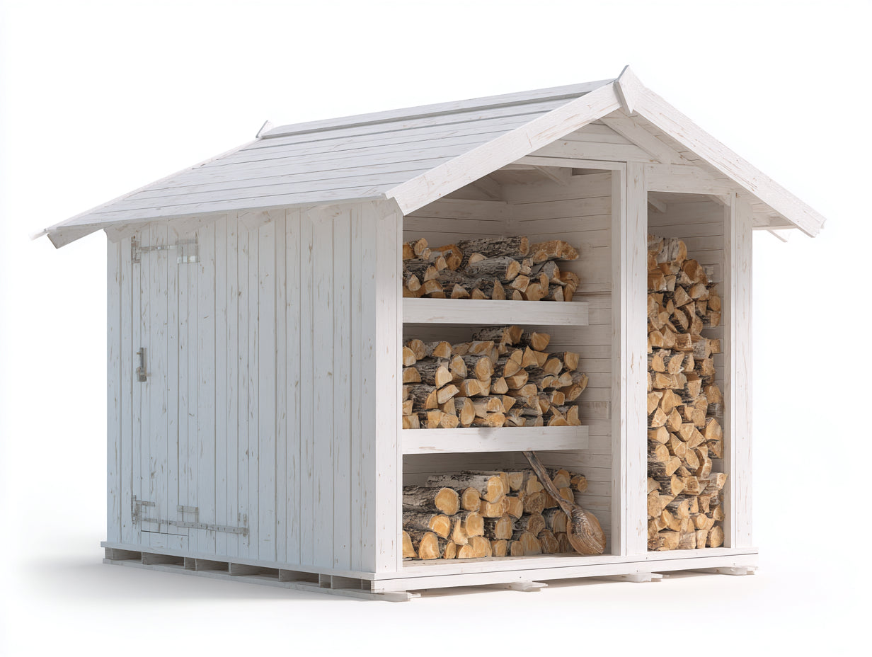 Leñero de exterior de madera 220x95x185 cm - Blanco-Gris - Diseño con zona cerrada