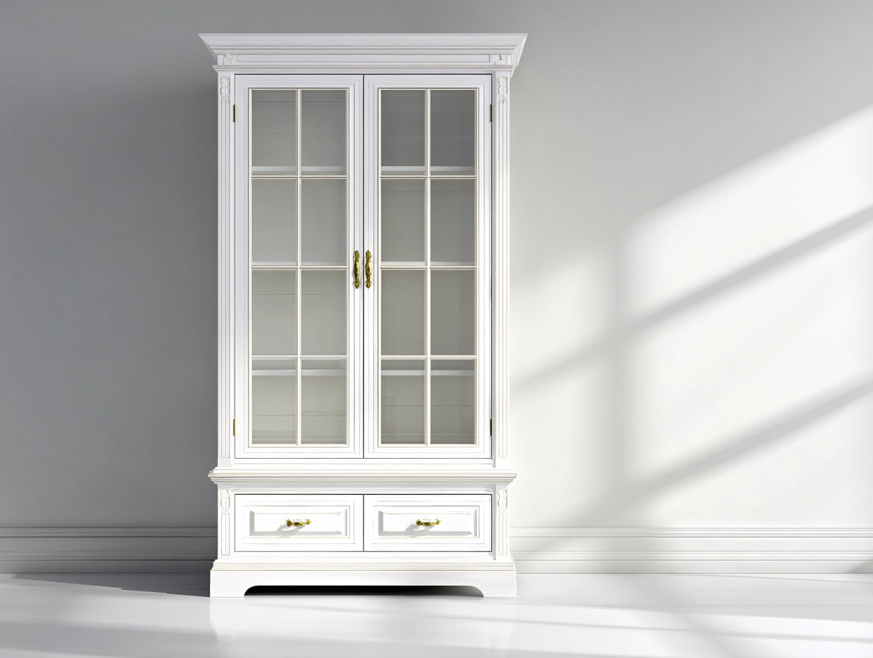 Vitrinas Vitrina madera y vidrio 110x45x210 cm Blanca con cajones - Estilo clásico elegante