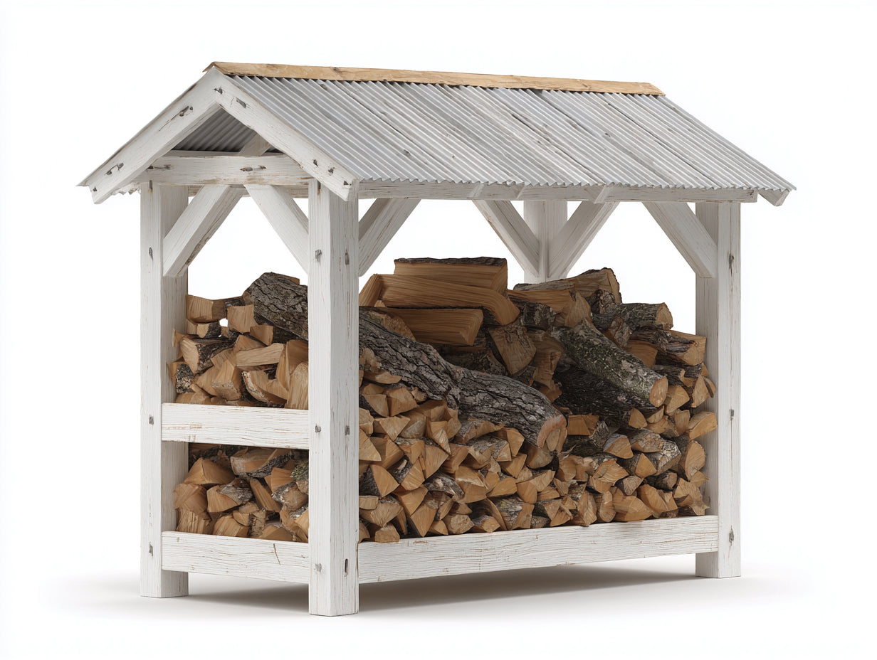 Leñero de exterior de madera 190x80x160 cm - blanco-gris - diseño rústico con tejado inclinado