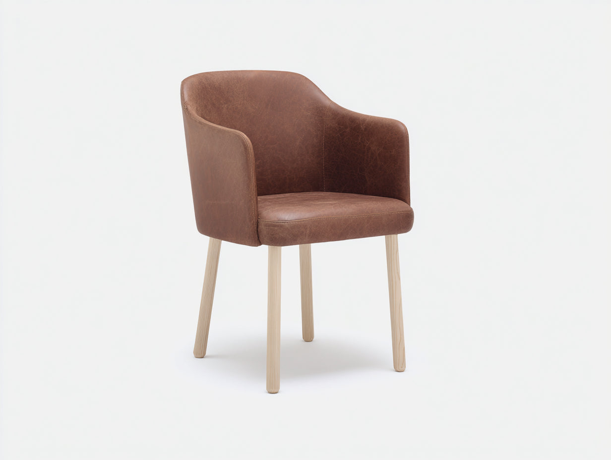 Sillas de comedor Silla de comedor cuero sintético 58x57x80 cm Marrón con reposabrazos y patas de madera - Diseño envolvente