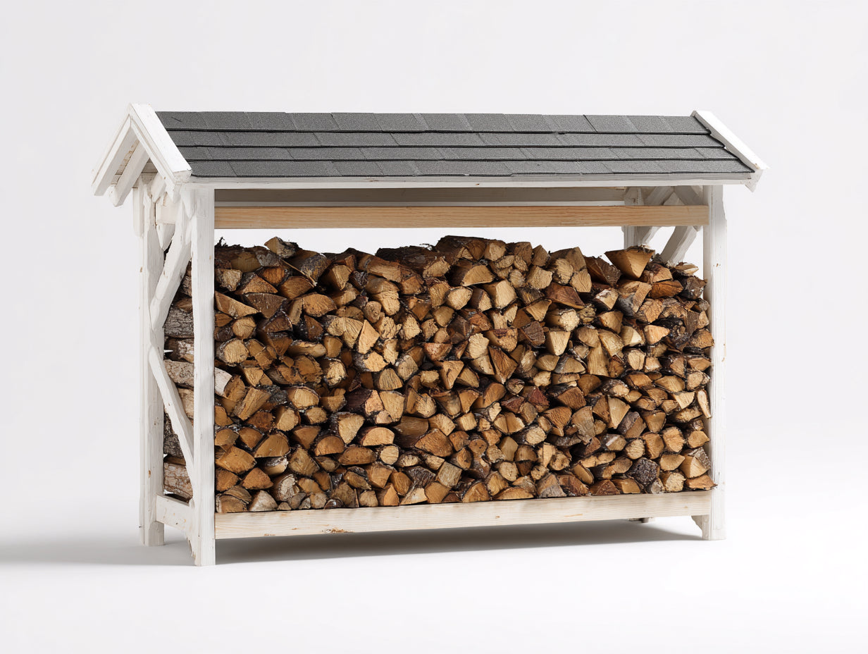Leñero de exterior madera blanca y gris 175x58x125 cm para jardín - diseño cubierto rústico